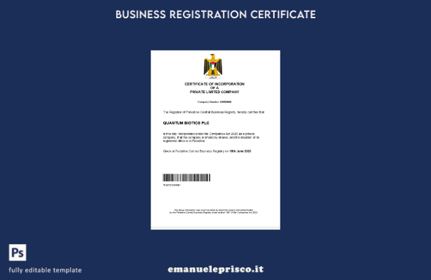 Certificato di registrazione aziendale in Palestina in stile verificato Modello 